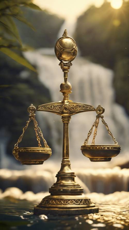 The Libra zodiac symbol, a set of balanced scales, etched in luminous gold hovering over a peaceful waterfall.