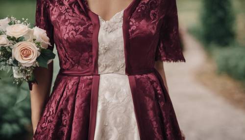 Vista piatta di un elegante abito da damigella d&#39;onore damascato bordeaux.