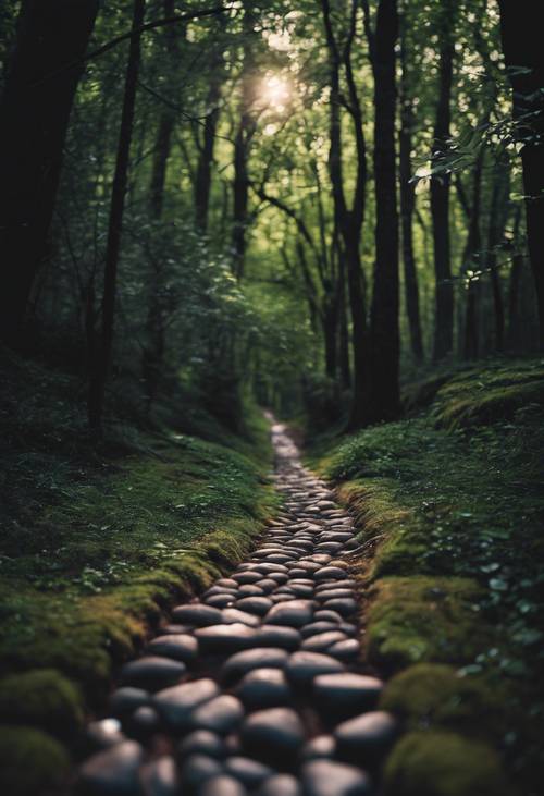 Uno stretto sentiero acciottolato che attraversa il cuore di una foresta oscura e incombente.