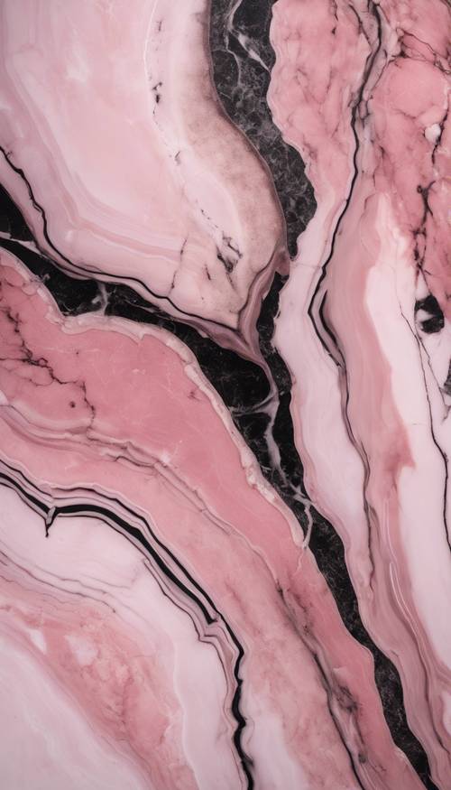 Un pezzo di marmo rosa lucido con drammatiche striature nere.