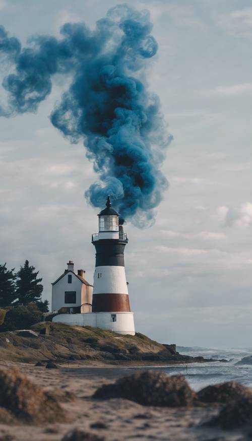 Blue smoke spiraling around a remote, towering lighthouse.