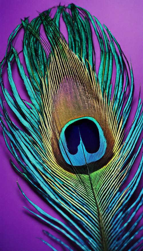 A single peacock feather, resplendent in upper echelons of royal blue and tints of purple.