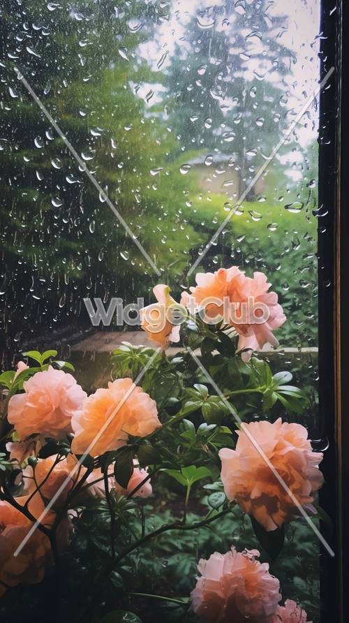 Rose del giorno piovoso osservate attraverso una finestra bagnata