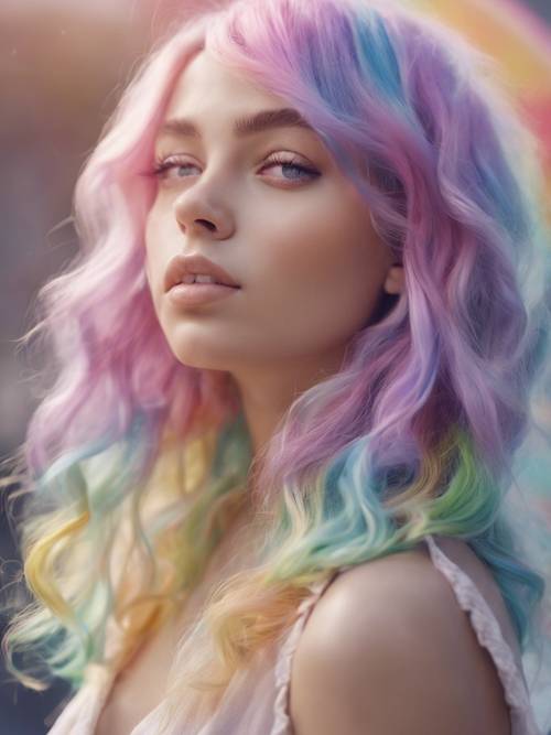 Uma ilustração em tom pastel de uma garota sonhadora com cabelos da cor do arco-íris.