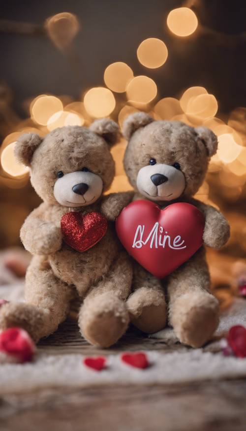 Two teddy bears holding a heart-shaped sign that says 'Be Mine'. Tapeet [f1294f7f07e447359723]