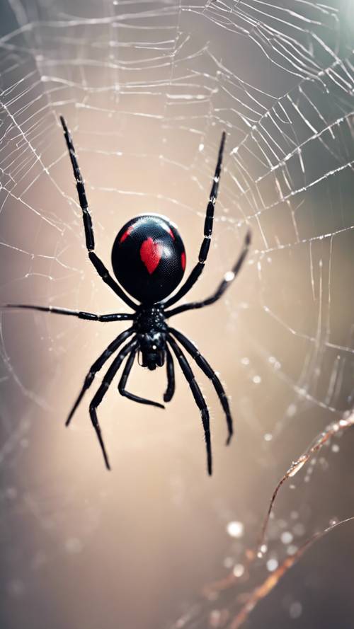 A black widow spider with a red hourglass mark on its back, spinning a web Tapeta [e19a836eccb0423b88e1]