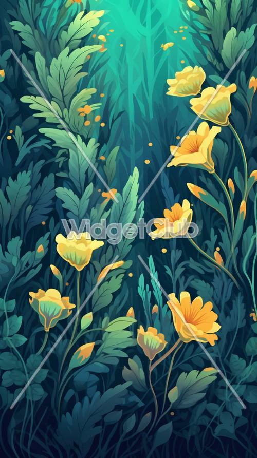 Ярко-желтые цветы в пышном зеленом лесу