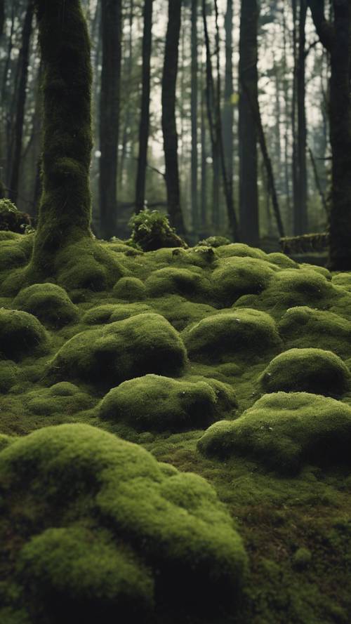 The ground of ancient woods almost fully covered in the dark dense moss.