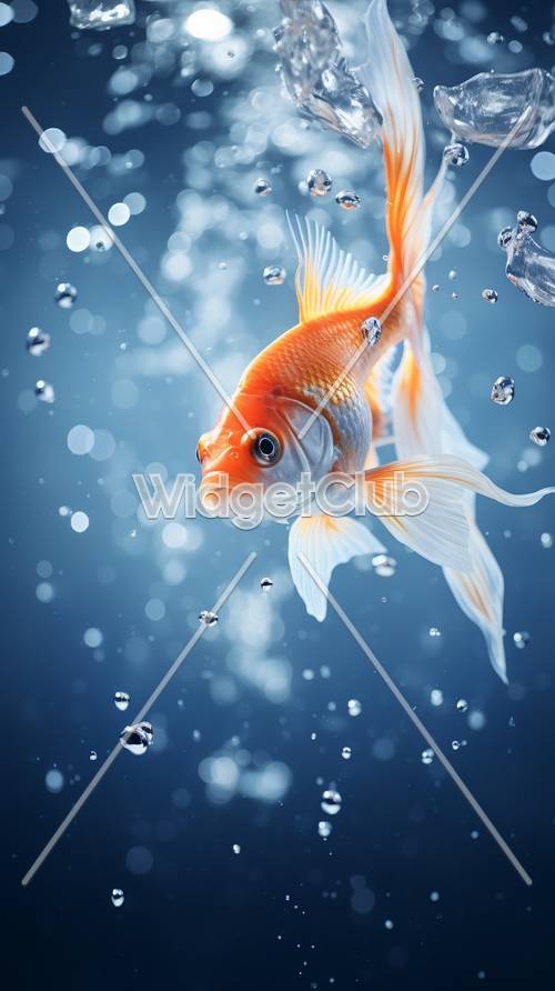 オレンジと白の魚が青い水中を泳いでいる