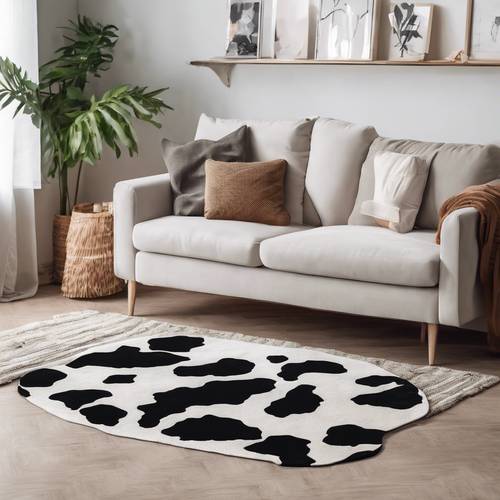 Cute, stylish cow print rug in a minimalist living space.