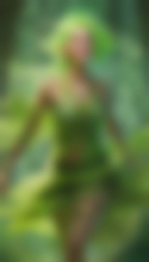 Uma jovem elfa com cabelo verde limão, rindo enquanto corre pela floresta encantada.