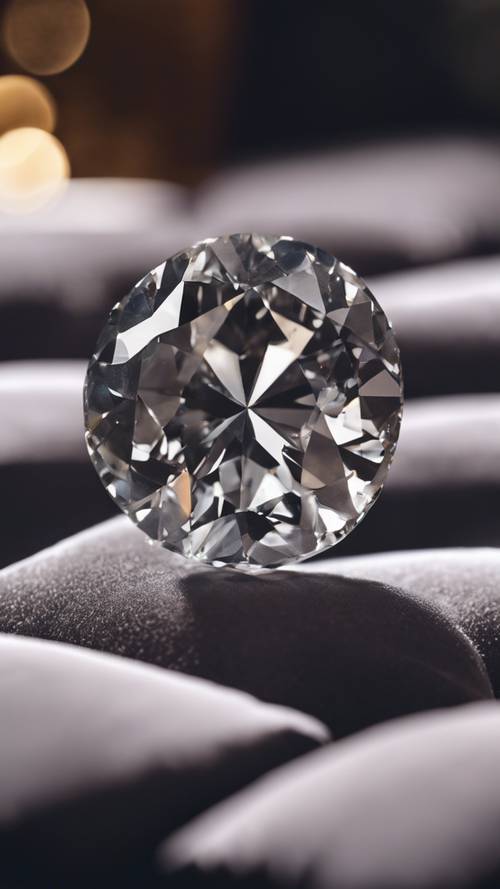 Gray diamond, perfectly cut, sitting on a luxurious velvet cushion.
