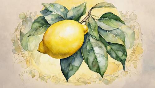 Art Nouveau style watercolor painting of a lemon on pastel background.