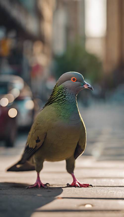 An olive green pigeon walking along the sidewalk on a bustling city street.