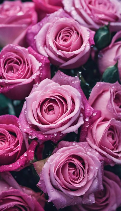 Zbliżenie bukietu różowych i fioletowych róż z kroplami rosy na płatkach.