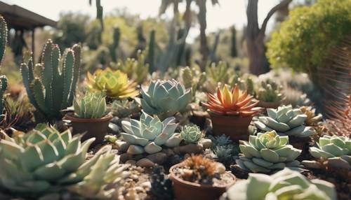 Un jardin botanique tranquille rempli de diverses plantes succulentes et plantes du désert pendant la saison sèche