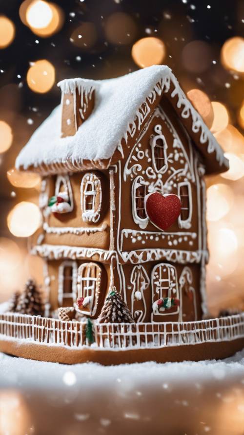 A miniature, heart-shaped, gingerbread house covered in snow-like icing.