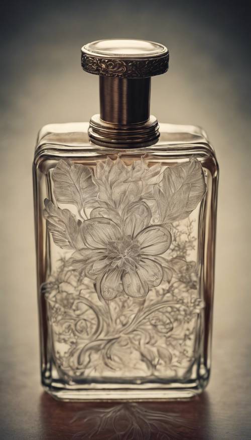 An antique floral pattern etched onto a vintage glass perfume bottle.
