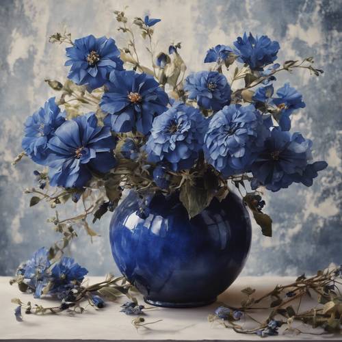 一幅带有深蓝色花朵的经典静物画。