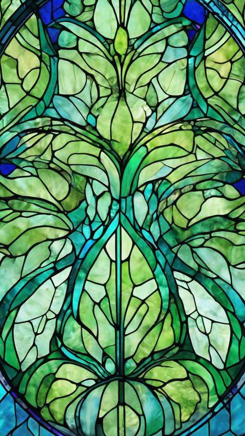 Desain kaca patri hijau dan biru terinspirasi dari pola bunga alami.