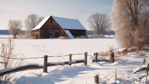 An old brown wooden barn in a snowy white winter landscape