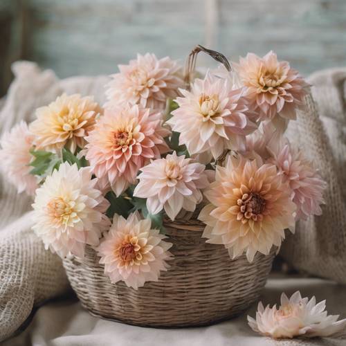 A whimsical arrangement of pastel-colored dahlias in a rustic woven basket.