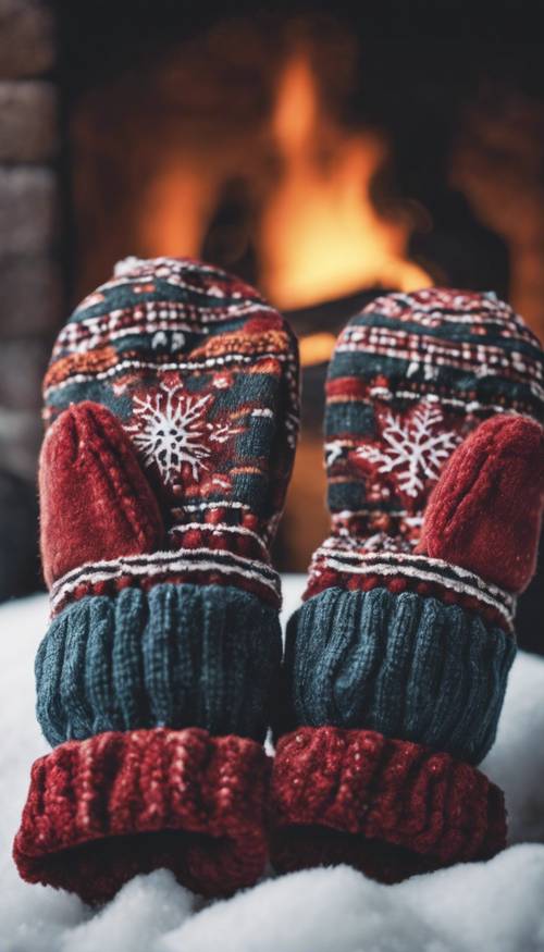 A pair of mittens warming up by the fireplace after a day spent in the snow. Tapet [6d8965fbb85e4d588f1b]