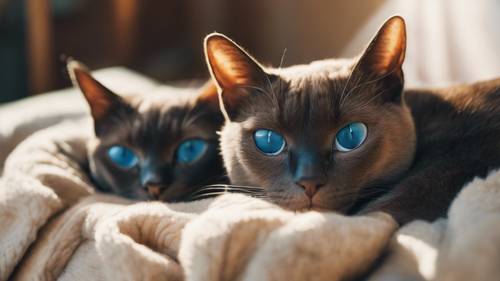 A pair of blue and brown Siamese cats curled up on a plush cushion, bathed in morning sunlight.
