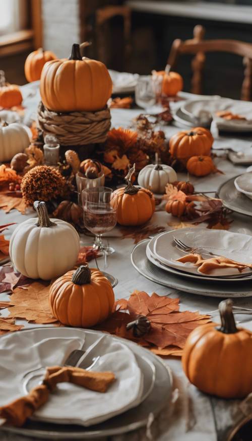 Pojok anak-anak di pesta Thanksgiving, dihiasi secara kreatif dengan alas meja warna-warni, dedaunan musim gugur, dan labu bayi.