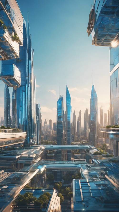 A futuristic city fashioned in a geometric style with sleek blue glass skyscrapers under a clear sky.