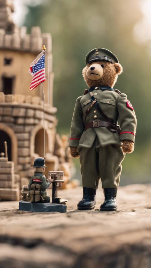 Un soldado oso de peluche en posición de firmes junto a una fortaleza de juguete, con una bandera en miniatura ondeando al viento.