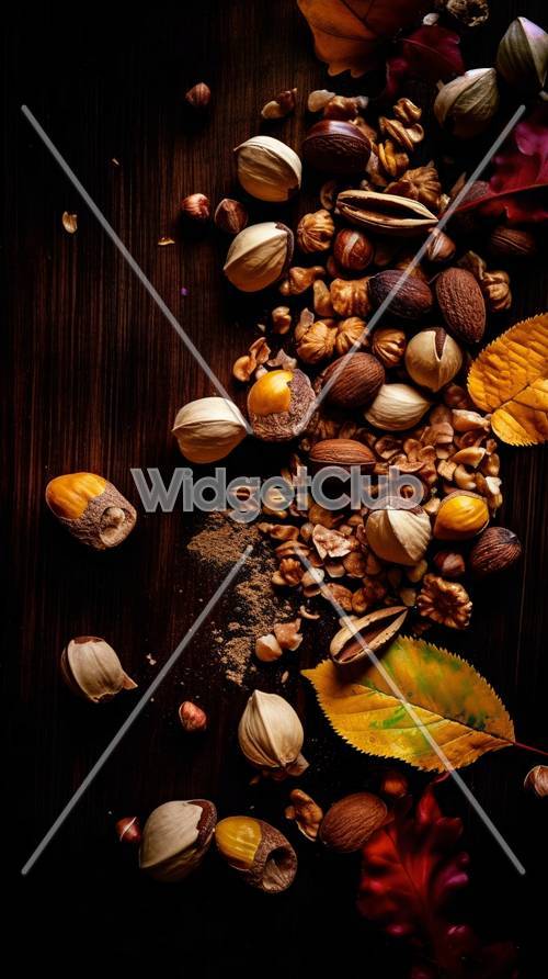 カラフルな秋の実が並ぶダークウッドテーブルの壁紙