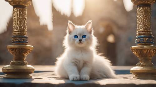 一只高贵的缅甸猫，站在神圣的寺庙中间，蓝宝石般的眼睛像早晨的太阳一样闪闪发光。