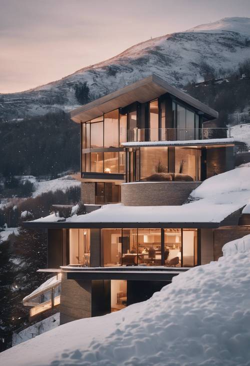 황금 시간 동안 눈 덮인 산 풍경 속에 자리잡은 현대 건축 주택.