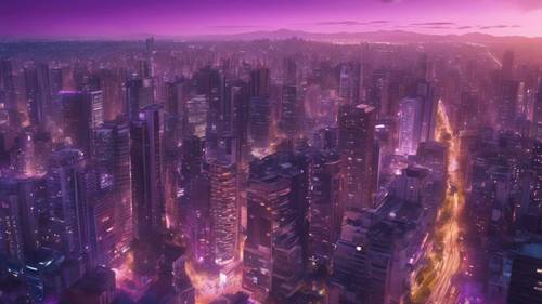 Uma vista panorâmica de uma cidade movimentada sob um céu violeta vibrante ao entardecer.