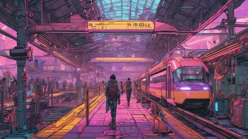 A bustling cyberpunk train station filled with futuristic technology, with anime characters hurrying to catch their trains.