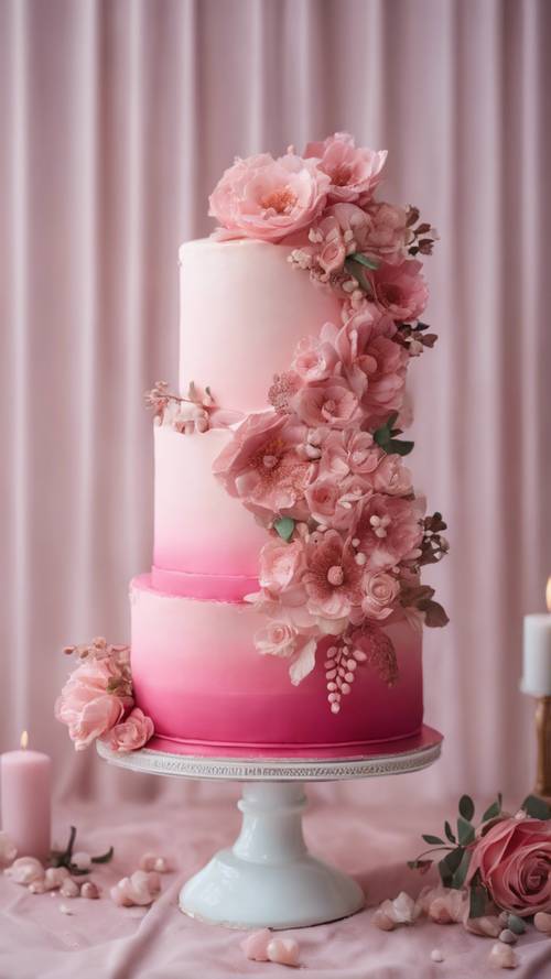 優雅的粉紅色漸層婚禮蛋糕，裝飾著精緻的糖花。