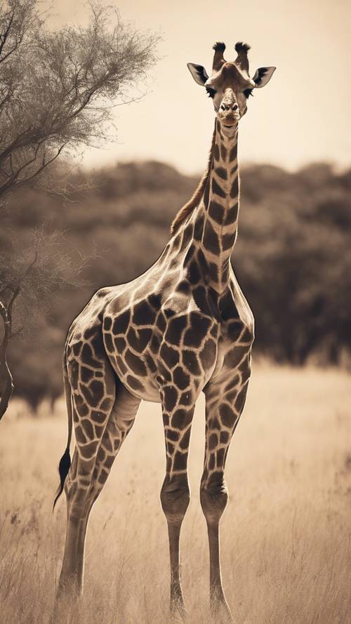Винтажная фотография в тонах сепии, на которой изображен царственный жираф, одиноко стоящий в открытой саванне.