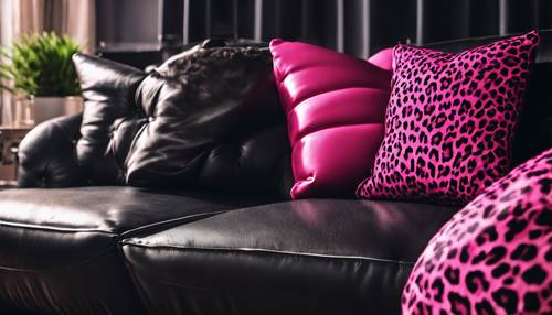 Ein Bild einer Reihe pinkfarbener Kissen mit Leopardenmuster auf einem schwarzen Ledersofa.