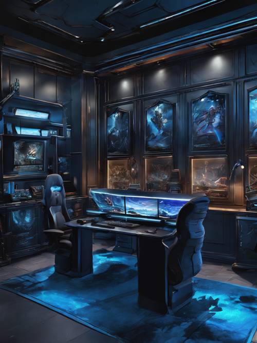 Schwarz-blau gestaltetes Gaming-Zimmer bei Nacht