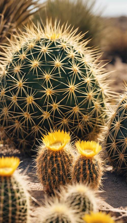Un primo piano di un cactus Barrel con spine affilate e fiori gialli brillanti alla luce di mezzogiorno.