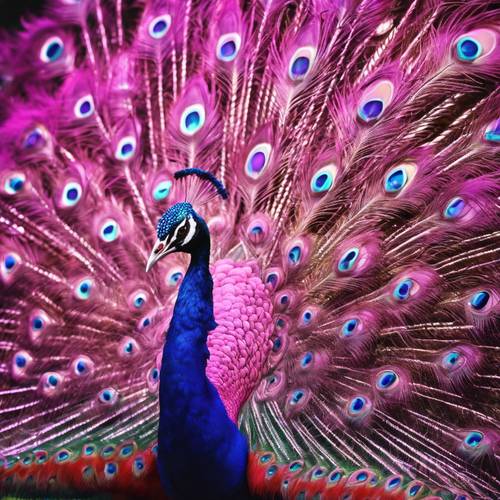 A vibrant pink peacock spread its fantastical purple-tinted feathers.