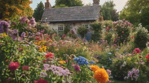 A quaint September cottage garden scene bursting with a riot of colorful flowers Tapet [4fb42d469f1349868fef]