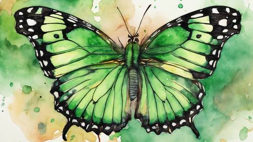 Яркая акварельная картина, изображающая зеленую полосатую бабочку.