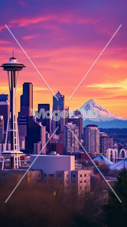 Sunset City View with Mountain and Space Needle