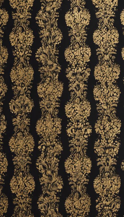 Close up view of a vintage damask fabric in golden and black hues.
