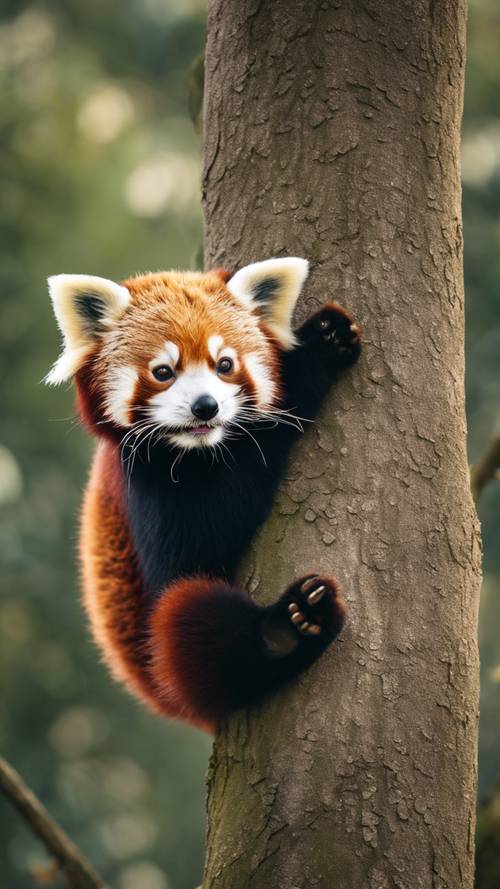 A playful red panda cub making its first climb on a tall tree.