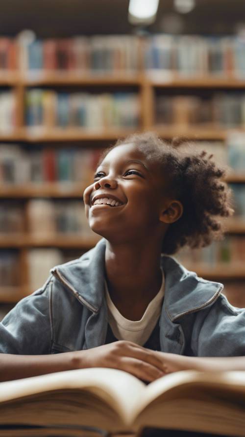 어린 흑인 소녀가 공공 도서관에서 활짝 웃으며 자신이 가장 좋아하는 책의 페이지에 나오는 광대한 모험에 대한 공상을 하고 있습니다.