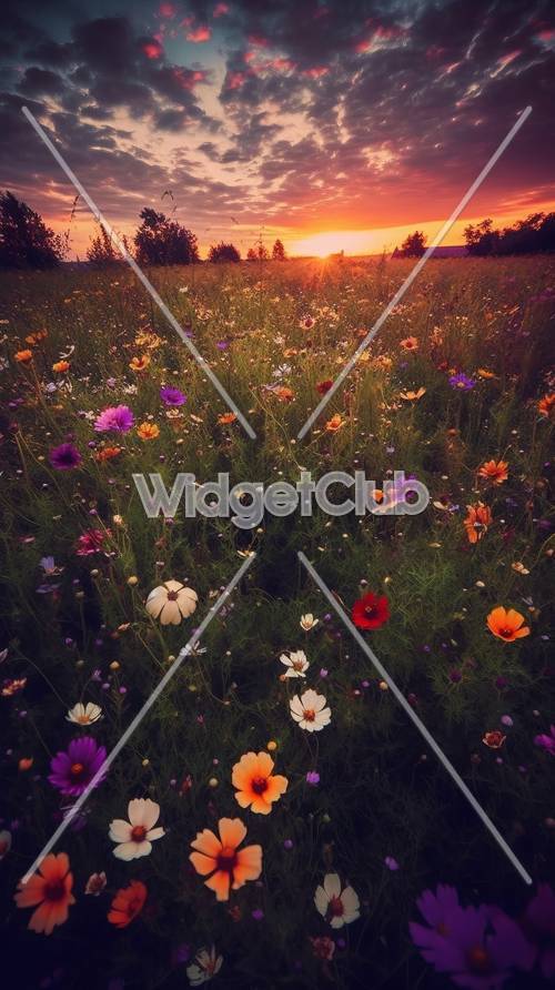 Sunset and Wildflowers in a Meadow