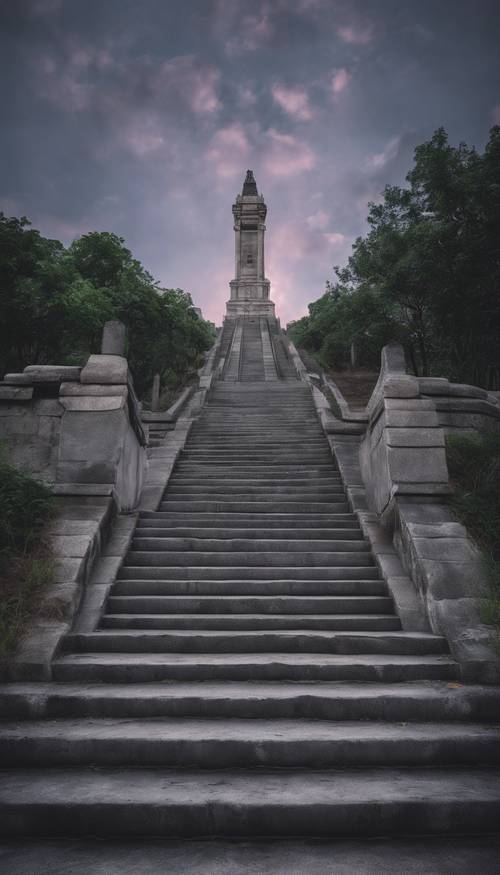 Gray concrete stairs leading towards an old, historic monument against the backdrop of a twilight sky.